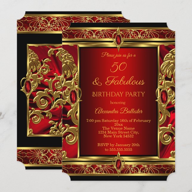 Fabulous 50 Birthday Red Ruby Jewel Damask Gold Invitation (Front/Back)