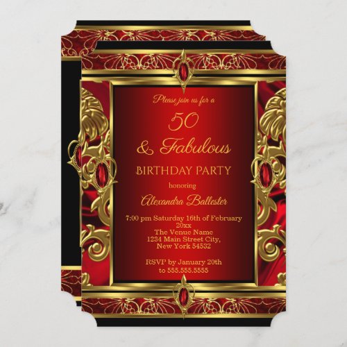 Fabulous 50 Birthday Red Ruby Jewel Damask Gold Invitation