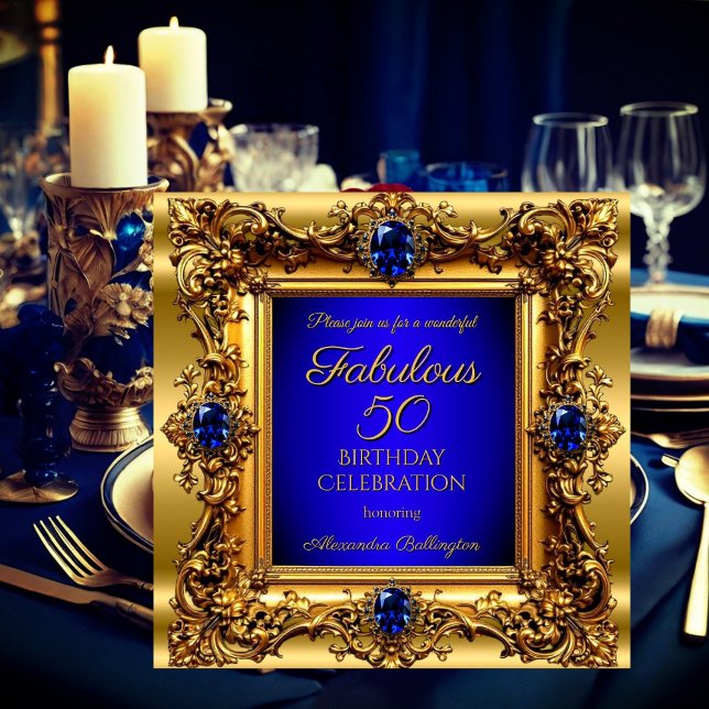 Fabulous 50 Birthday Royal Blue Gold Gem Invitation (Creator Uploaded)