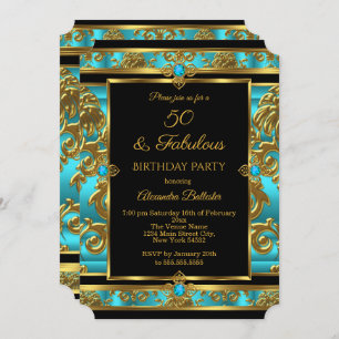 Fabulous 50 Birthday Teal Blue Jewel Damask Gold Invitation