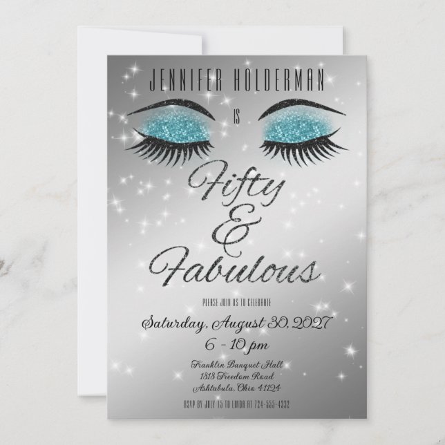 Fabulous 50 Black Aqua Glam Eyes Invitation (Front)