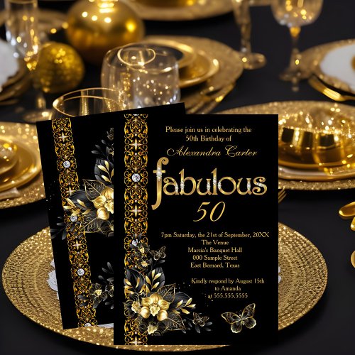 Fabulous 50 Black floral Gold birthday butterfly  Invitation