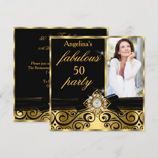 Fabulous 50 Black Gold Faux Diamond Photo Party Invitation (Front/Back)