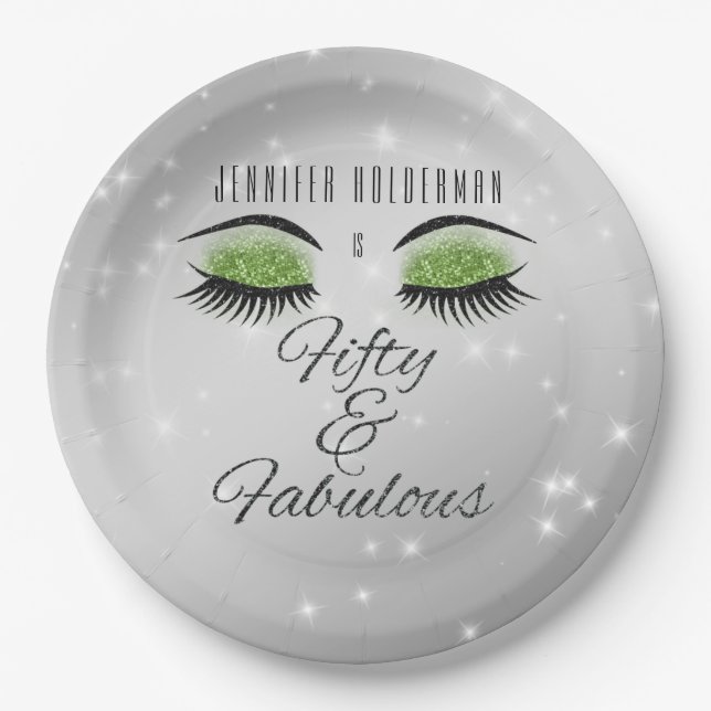 Fabulous 50 Black Green Glam Eyes Paper Plates (Front)
