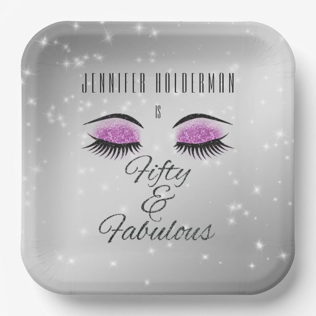 Fabulous 50 Black Hot Pink Glam Eyes Square Plates (Front)
