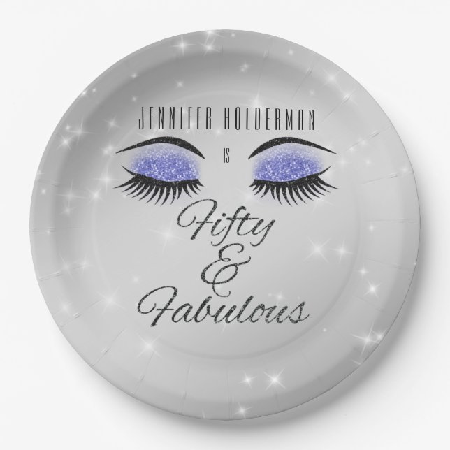 Fabulous 50 Black Periwinkle Glam Eyes Paper Plate (Front)
