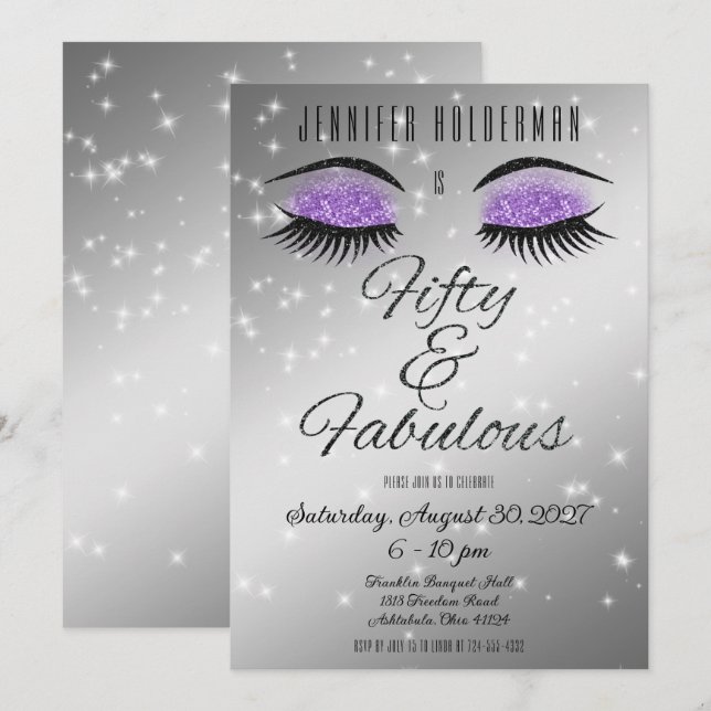 Fabulous 50 Black Purple Glam Eyes Invitation (Front/Back)