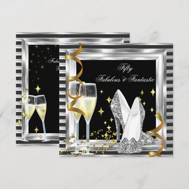 Fabulous 50 Black Silver Stripe Birthday Party Invitation (Front/Back)