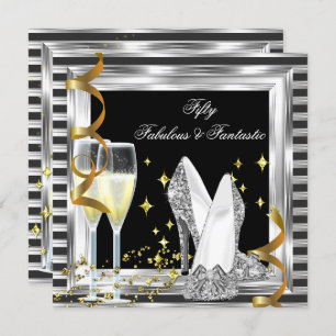 Fabulous 50 Black Silver Stripe Birthday Party Invitation