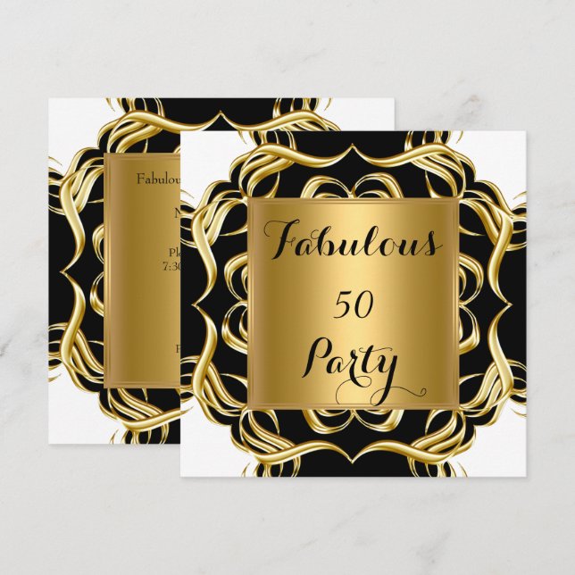 Fabulous 50 Black White Gold Birthday Party Invitation (Front/Back)