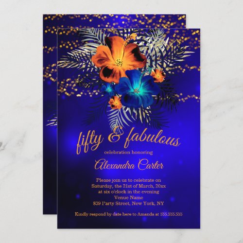 Fabulous 50 Blue glow Orange Hibiscus Birthday Invitation