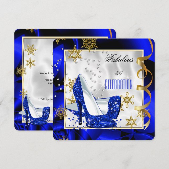 Fabulous 50 Blue Gold Abstract Heel Birthday Party Invitation (Front/Back)