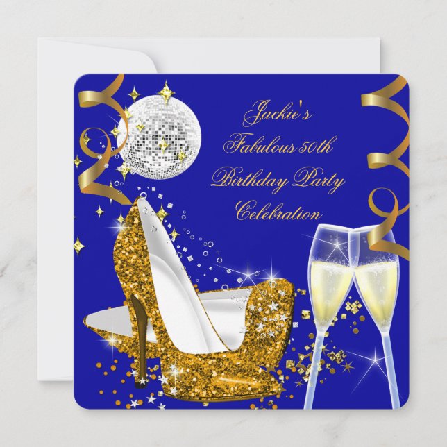 Fabulous 50 Blue Gold Glitter High Heel Birthday Invitation (Front)