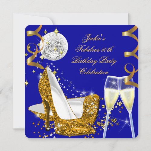 Fabulous 50 Blue Gold Glitter High Heel Birthday Invitation