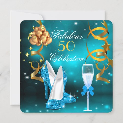 Fabulous 50 Blue Gold High Heel Champagne Party Invitation