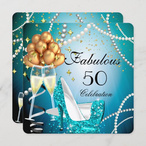 Fabulous 50 Blue High Heels Gold Champagne Party Invitation