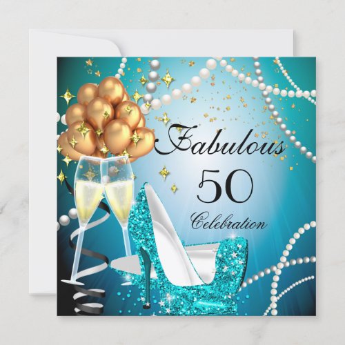 Fabulous 50 Blue High Heels Gold Champagne Party Invitation