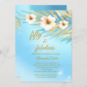 Fabulous 50 Blue Teal Gold White Floral Birthday Invitation