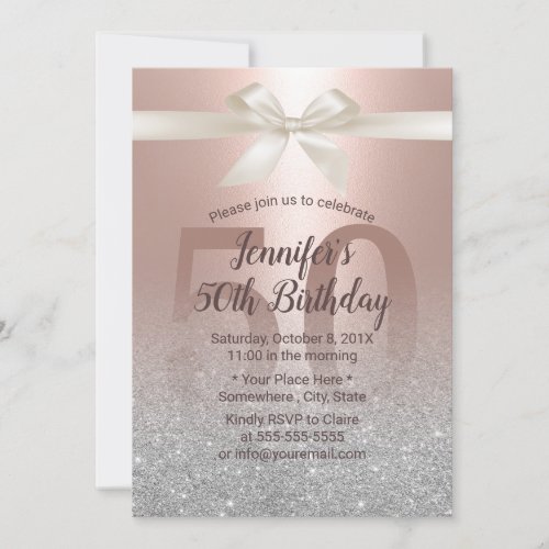 Fabulous 50 Blush Rose Gold  Silver Birthday Invitation