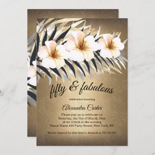 Fabulous 50 Brown Beige Silver Hibiscus party Invitation
