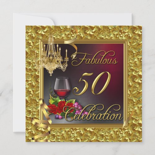 Fabulous 50 Celebration Red Gold Wine Chandelier Invitation