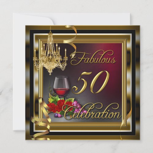 Fabulous 50 Celebration Red Gold Wine Roses Invitation
