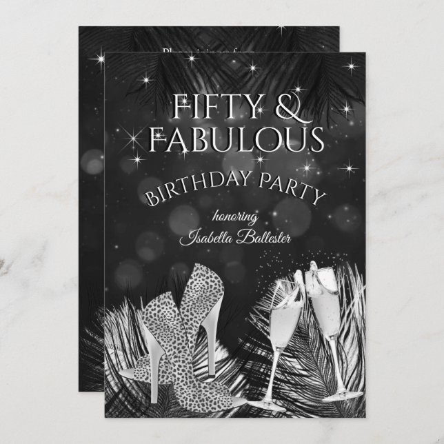 Fabulous 50 Champagne Birthday Party Black White Invitation (Front/Back)