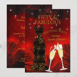 Fabulous 50 Champagne Birthday Party Red Gold Invitation