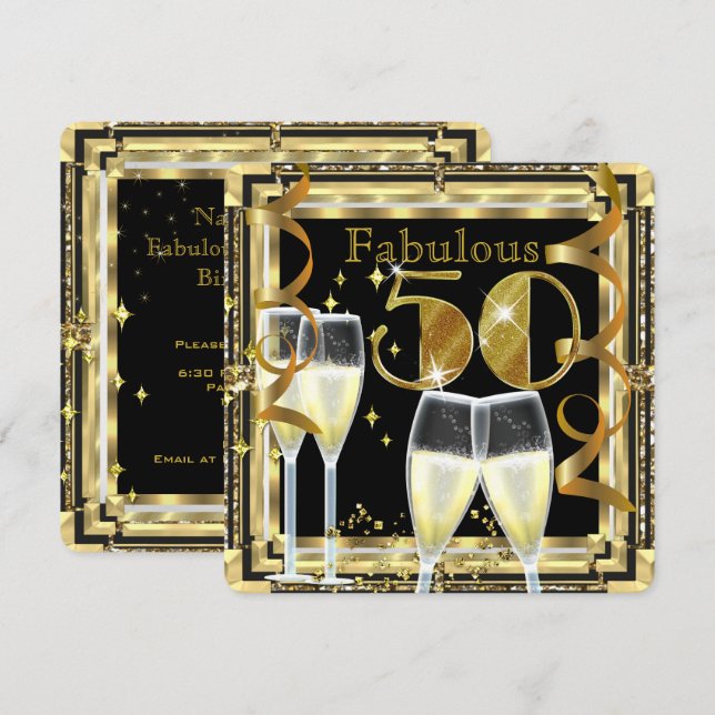 Fabulous 50 Champagne Deco Gold Birthday Party Invitation (Front/Back)