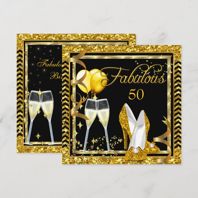 Fabulous 50 Champagne Gold Black Party Invite (Front/Back)