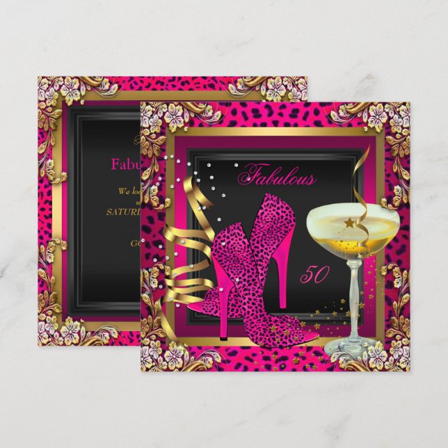 Fabulous 50 Cherry Pink Leopard Birthday Invitation (Front/Back)