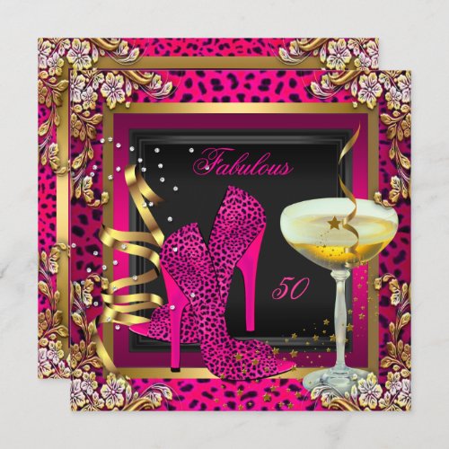 Fabulous 50 Cherry Pink Leopard Birthday Invitation