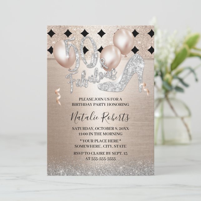 Fabulous 50 Contemporary Gold High Heel Birthday Invitation (Standing Front)