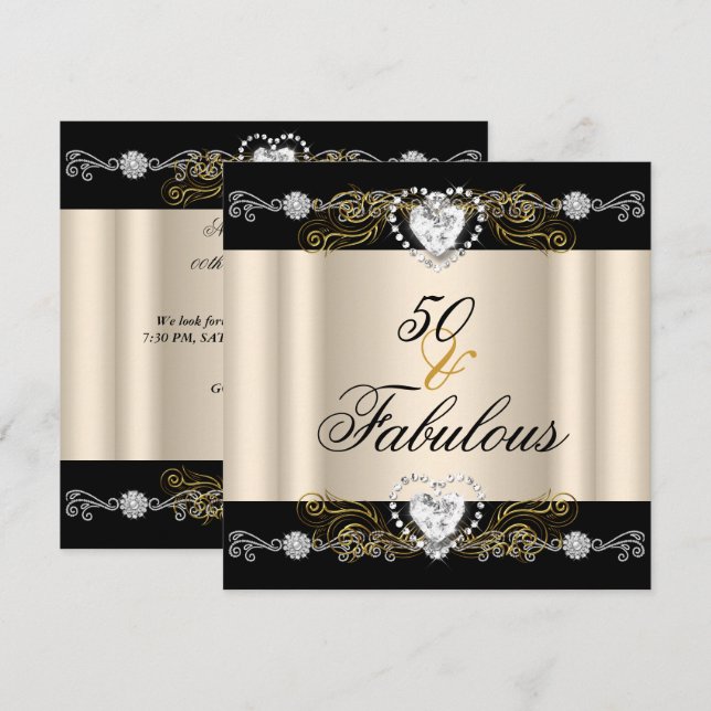 Fabulous 50 Cream Black Silver Gold 50th Birthday Invitation (Front/Back)