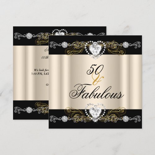 Fabulous 50 Cream Black Silver Gold 50th Birthday Personalized Invites