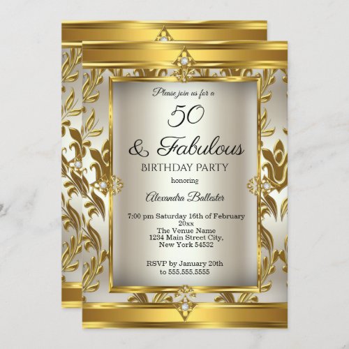 Fabulous 50 Cream Gold Damask Birthday Party Invitation