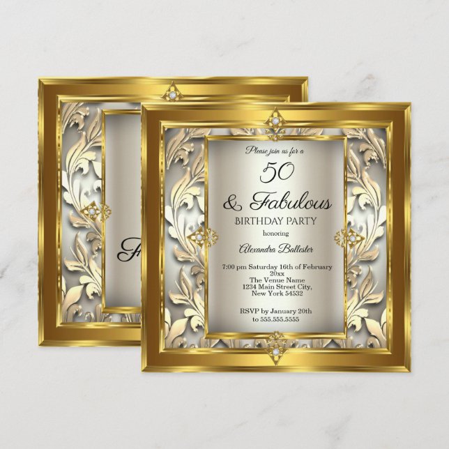 Fabulous 50 Cream Gold floral Damask Birthday Invitation (Front/Back)