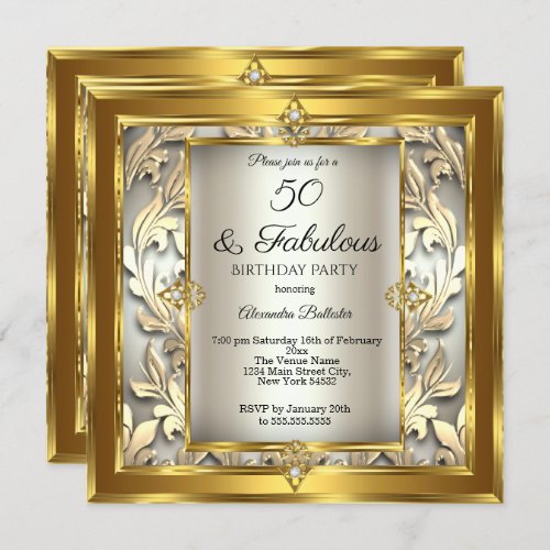 Fabulous 50 Cream Gold floral Damask Birthday Invitation