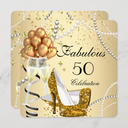 Fabulous 50 Cream Gold Heels Champagne Birthday Invitation