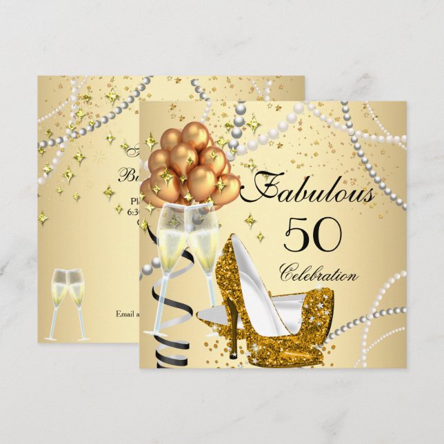 Fabulous 50 Cream Gold Heels Champagne Birthday Invitation (Front/Back)