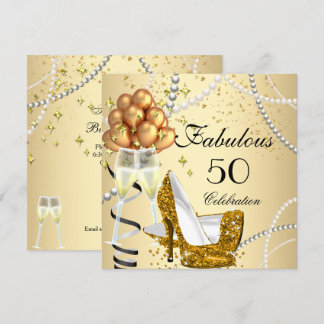 Fabulous 50 Cream Gold Heels Champagne Birthday Invitation