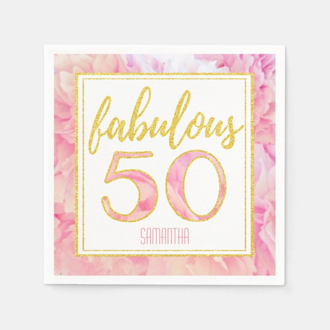 Fabulous 50 Delicate Pink Gold Glitter Floral Napkins (Front)
