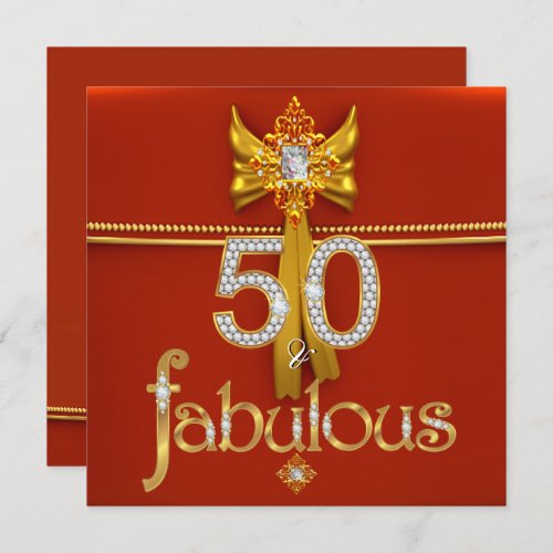 Fabulous 50 Diamond Gold Deep Red Birthday Party Invitation