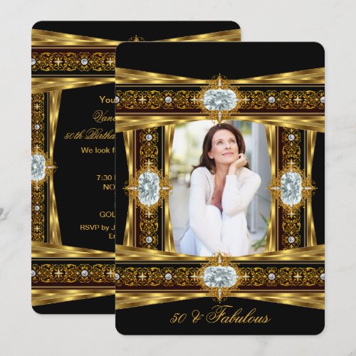 Fabulous 50 Elegant Diamond Gem Gold Black Photo 8 Custom Invites