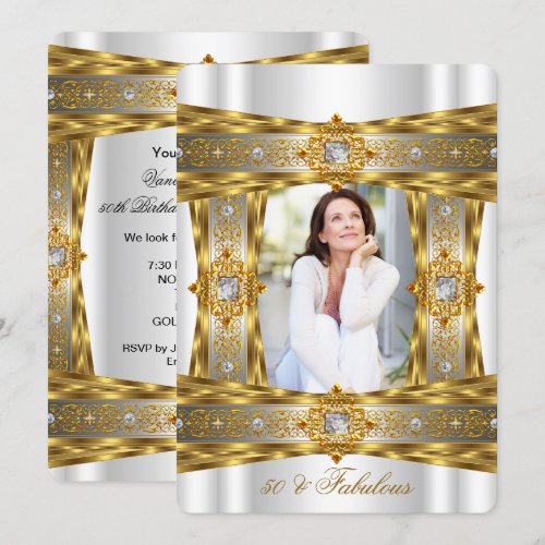 Fabulous 50 Elegant Diamond Gem Gold White Photo Custom Invites