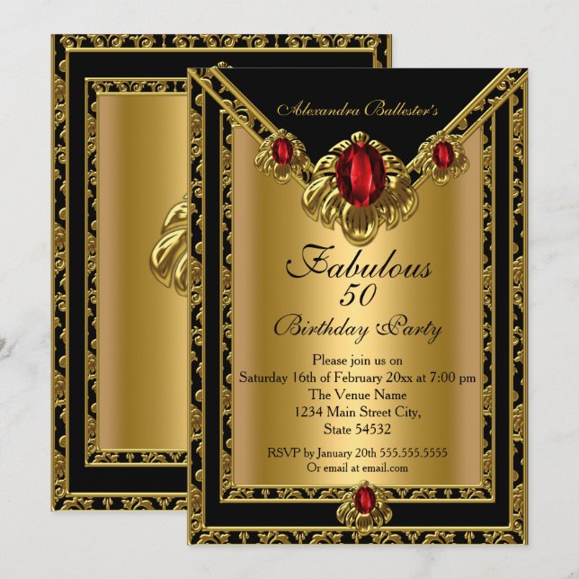 Fabulous 50 Elegant Gold Damask Red Gem Birthday Invitation (Front/Back)