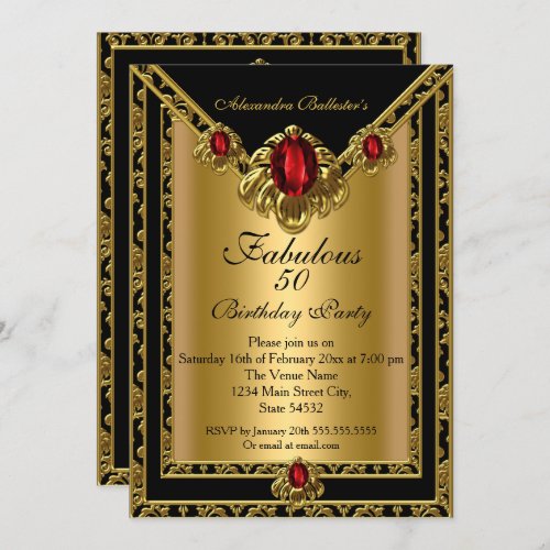 Fabulous 50 Elegant Gold Damask Red Gem Birthday Invitation