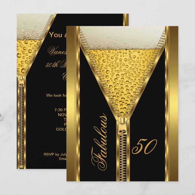 Fabulous 50 Elegant Zipper Gold Beer Drink 2 Invitation (Front/Back)