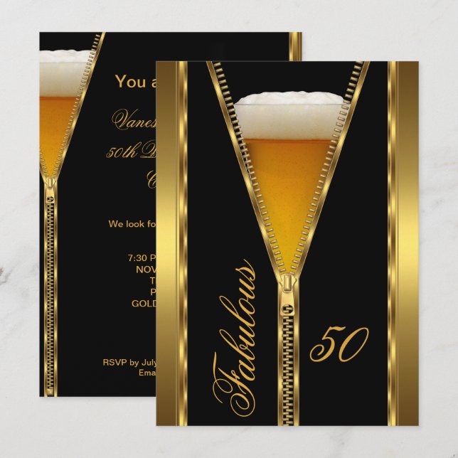 Fabulous 50 Elegant Zipper Gold Beer Drink Invitation (Front/Back)