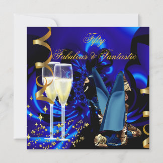 Fabulous 50 Fantastic Abstract Blue Gold Birthday Invitation
